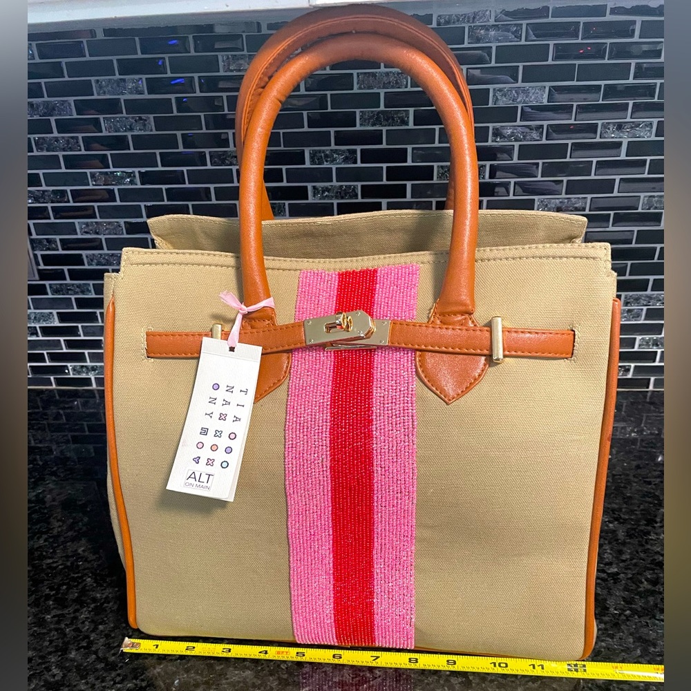 NWT Tiana New York Canvas Red/Pink Stipe Beaded Women's Tote Bag